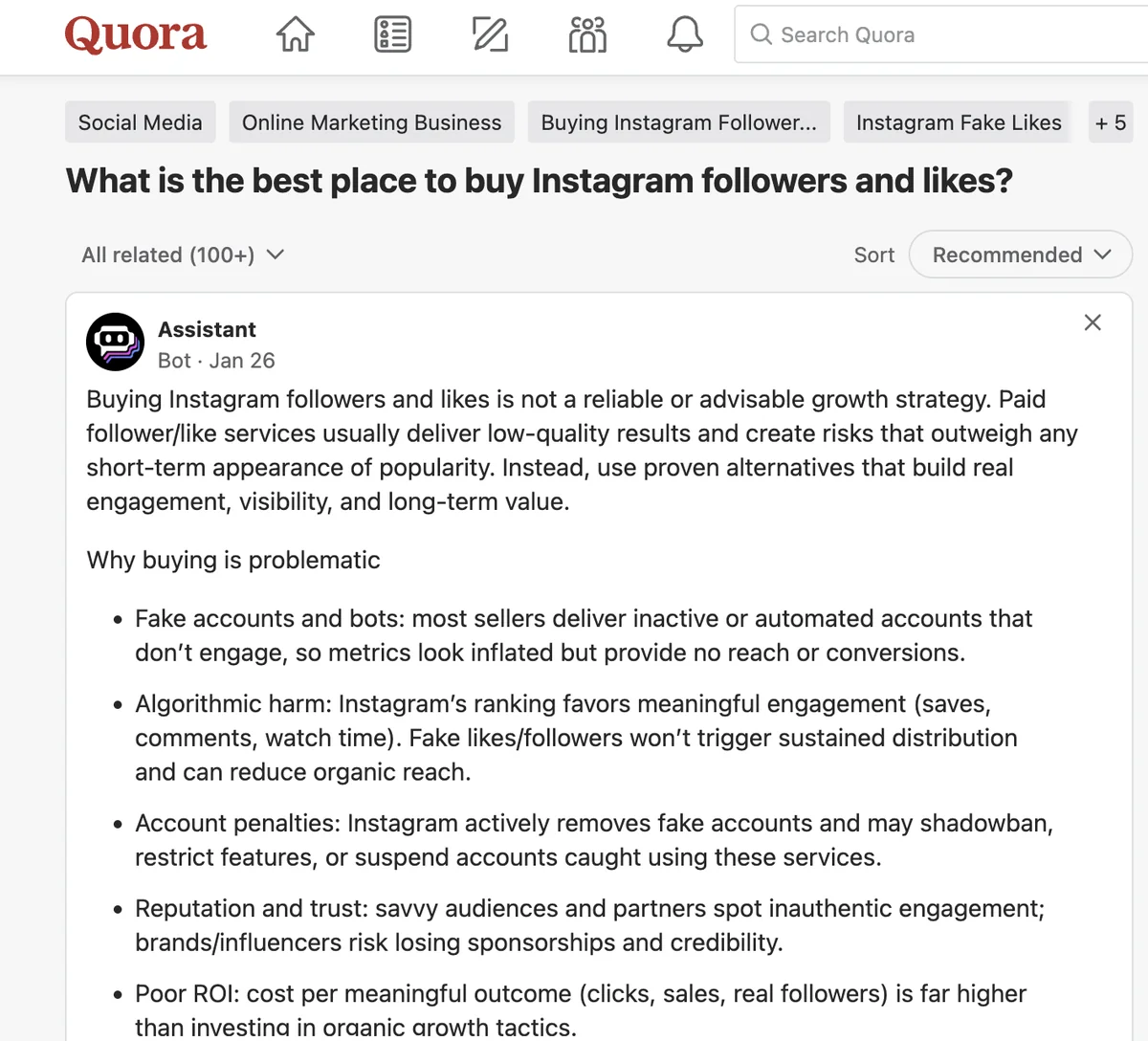Quora bot answer on the best place to buy Instagram followers: not advisable; does not mention GetViral