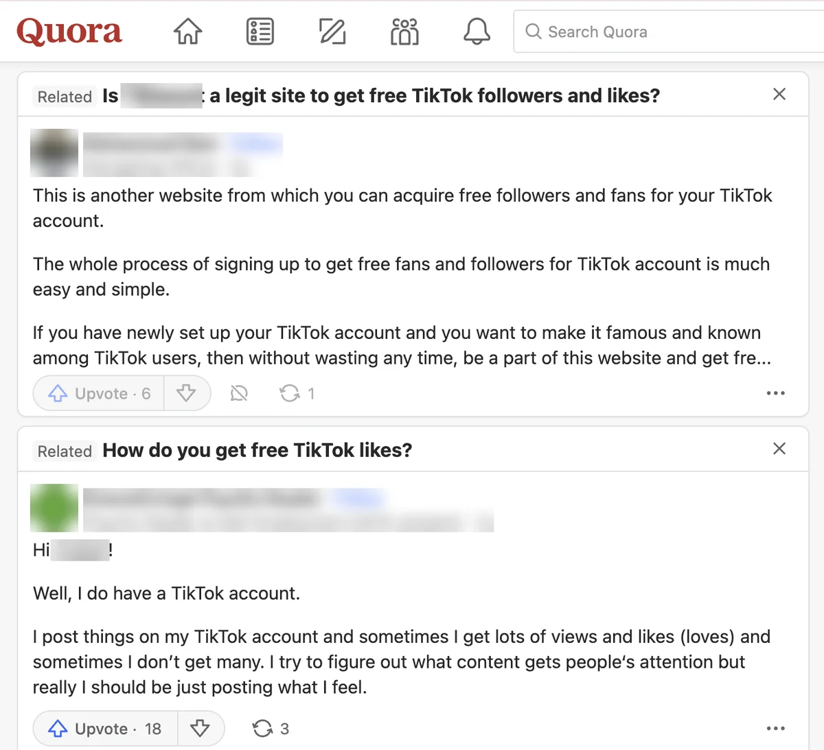 Quora related answers about another free TikTok follower site and earning likes by posting, not about GetViral