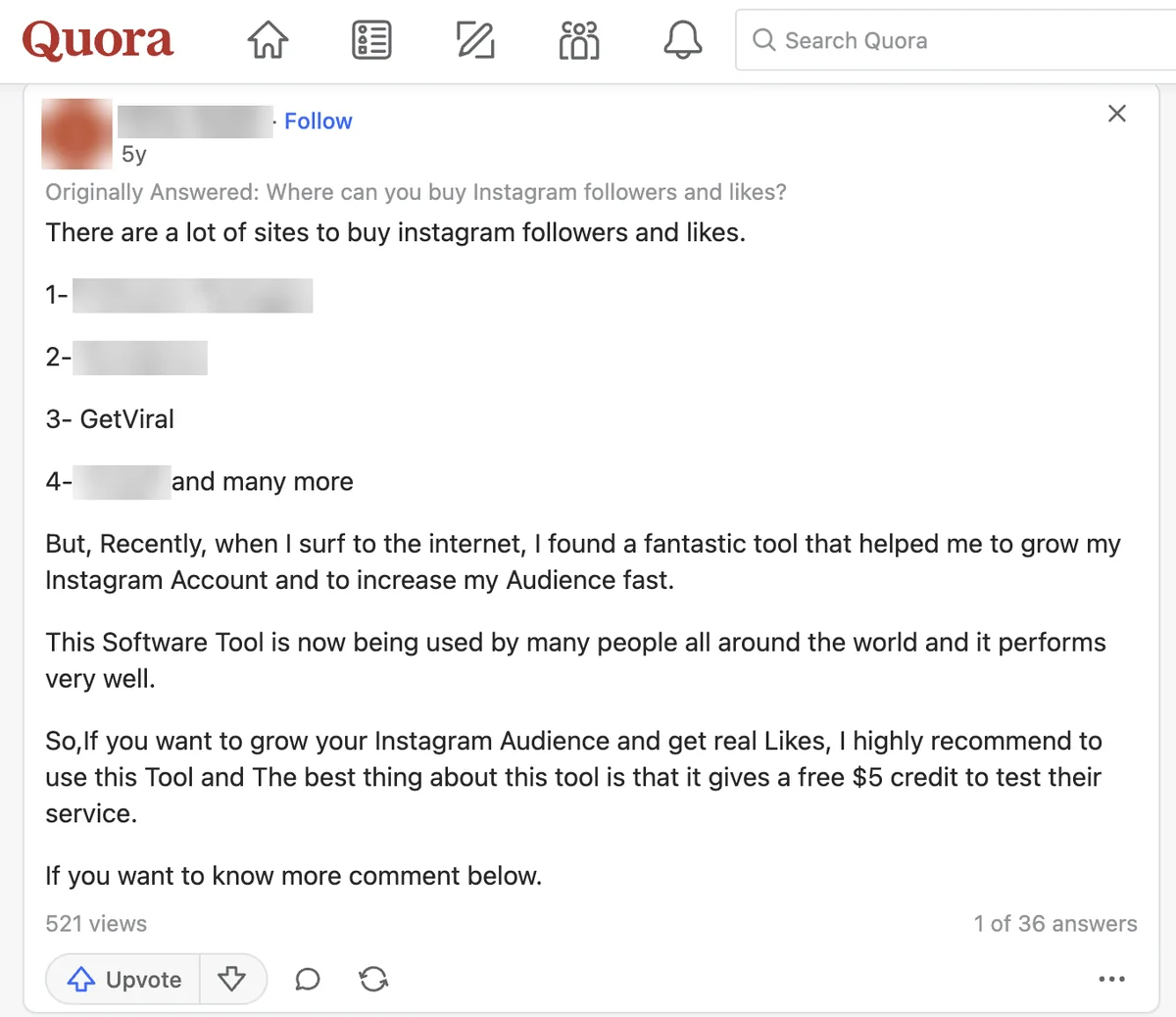 Quora answer listing GetViral among sites to buy Instagram followers, other seller names blurred