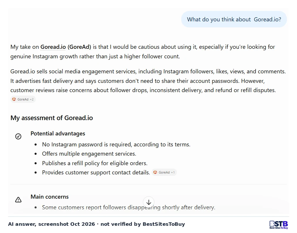 ChatGPT answer saying it would be cautious about Goread.io, listing advantages and concerns about follower drops