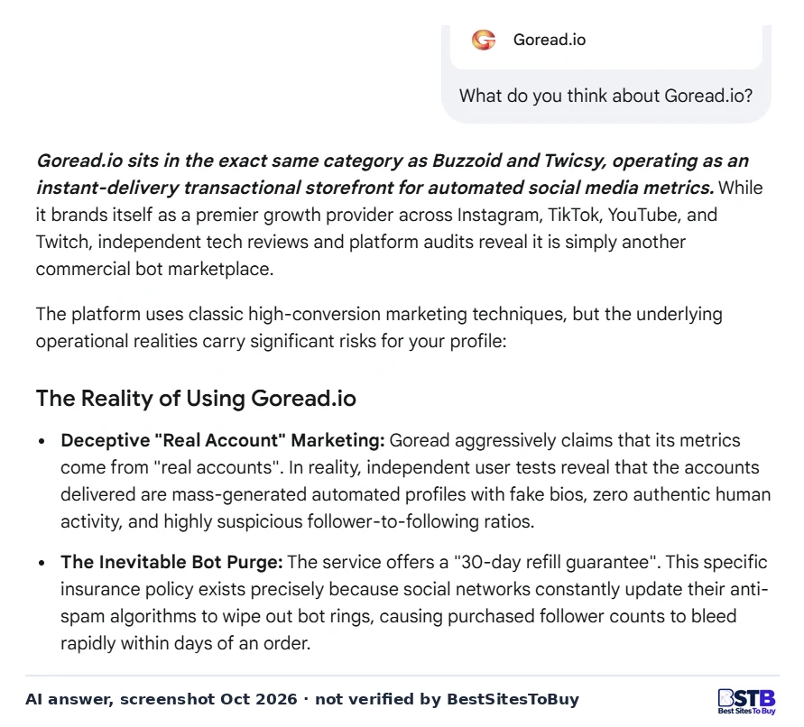 Google AI answer placing Goread.io in the same category as Buzzoid and Twicsy and questioning its real-account claims