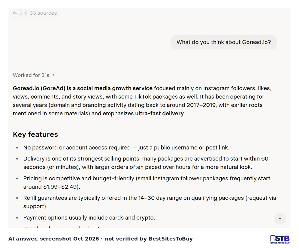 Grok answer describing Goread.io as an Instagram-focused growth service with fast delivery and refill guarantees