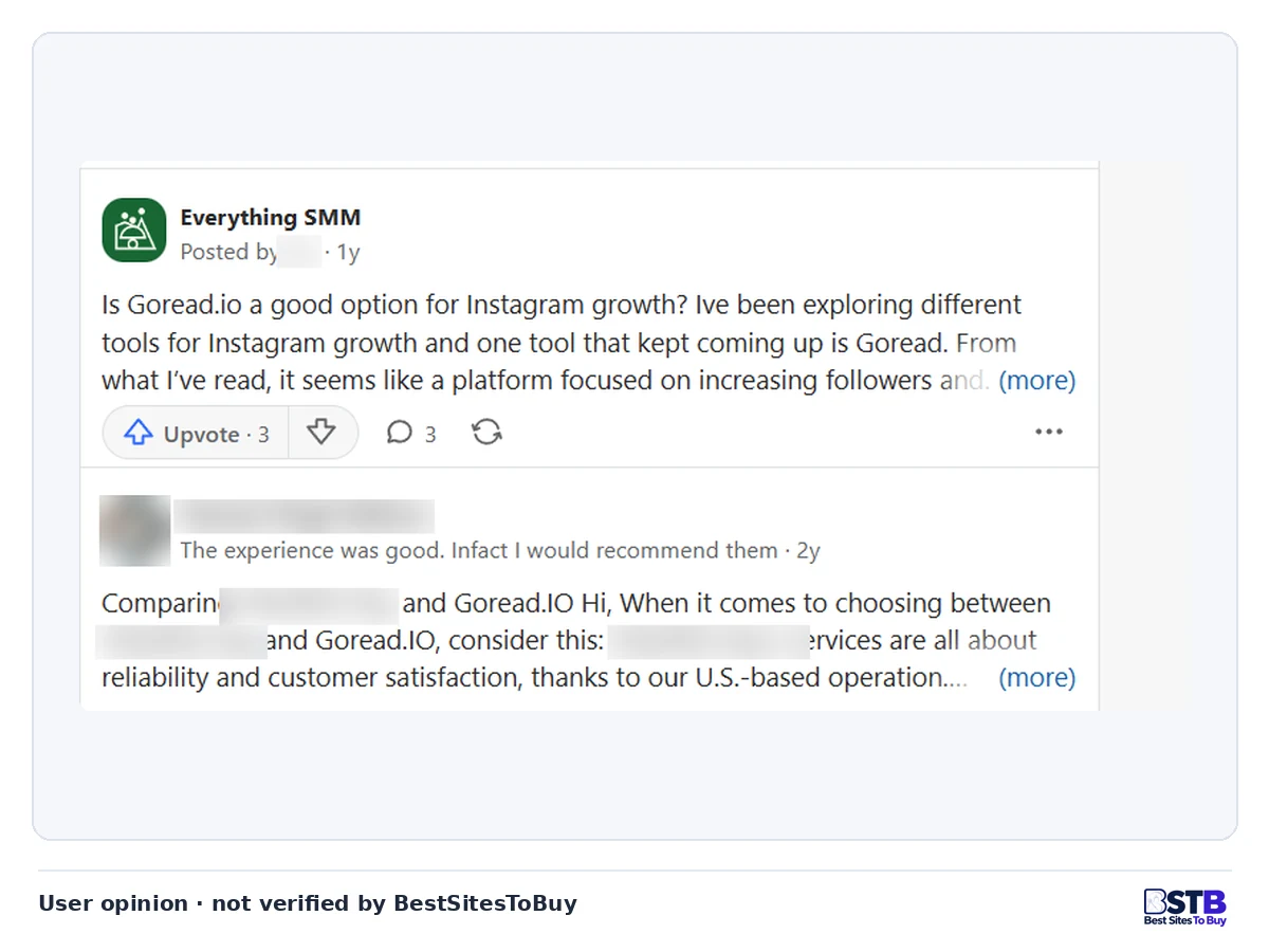Quora post asking if Goread.io is a good option for Instagram growth, then an answer comparing Goread with another seller