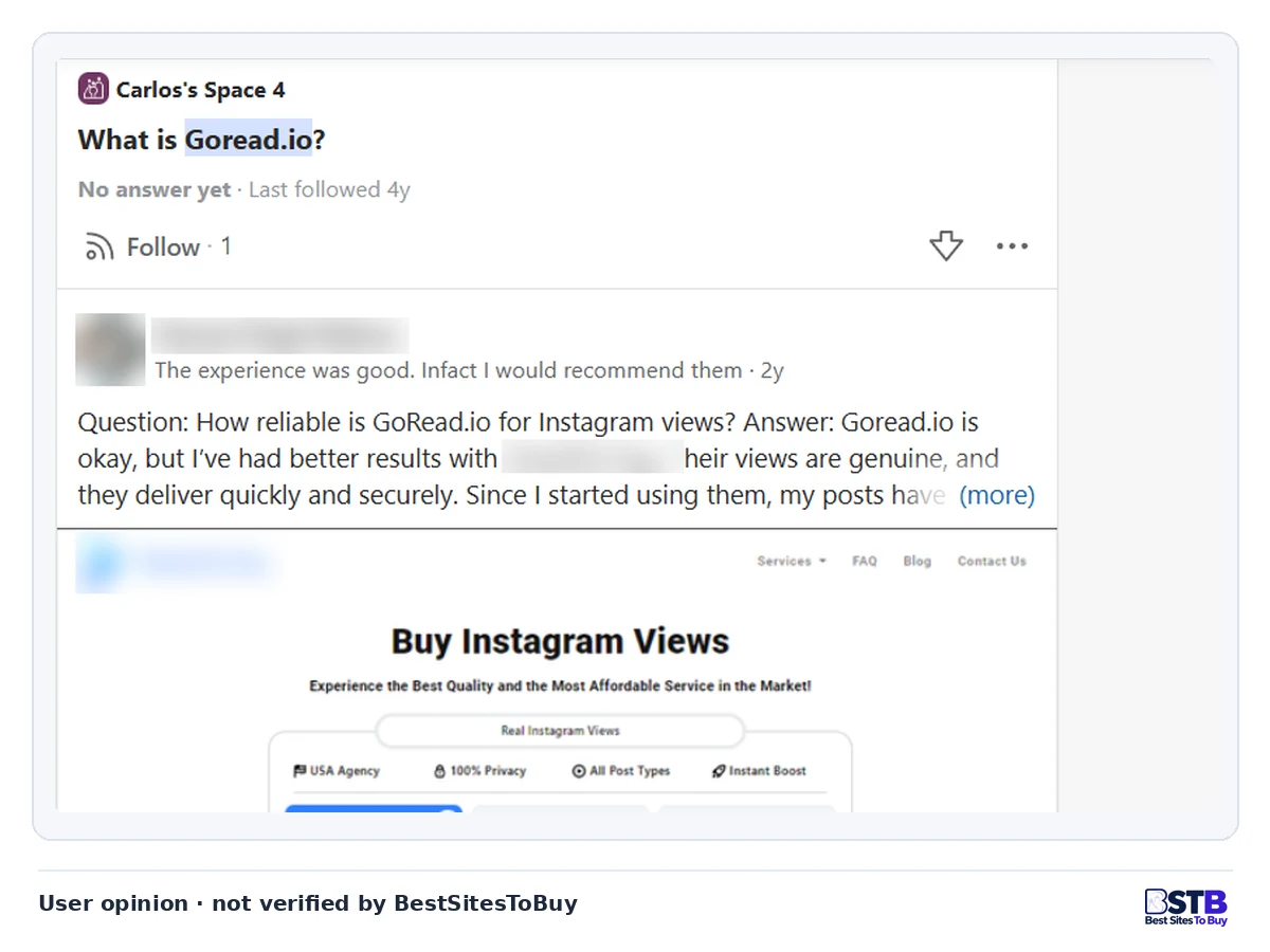 Quora question What is Goread.io with no answer, followed by an answer promoting another Instagram views seller