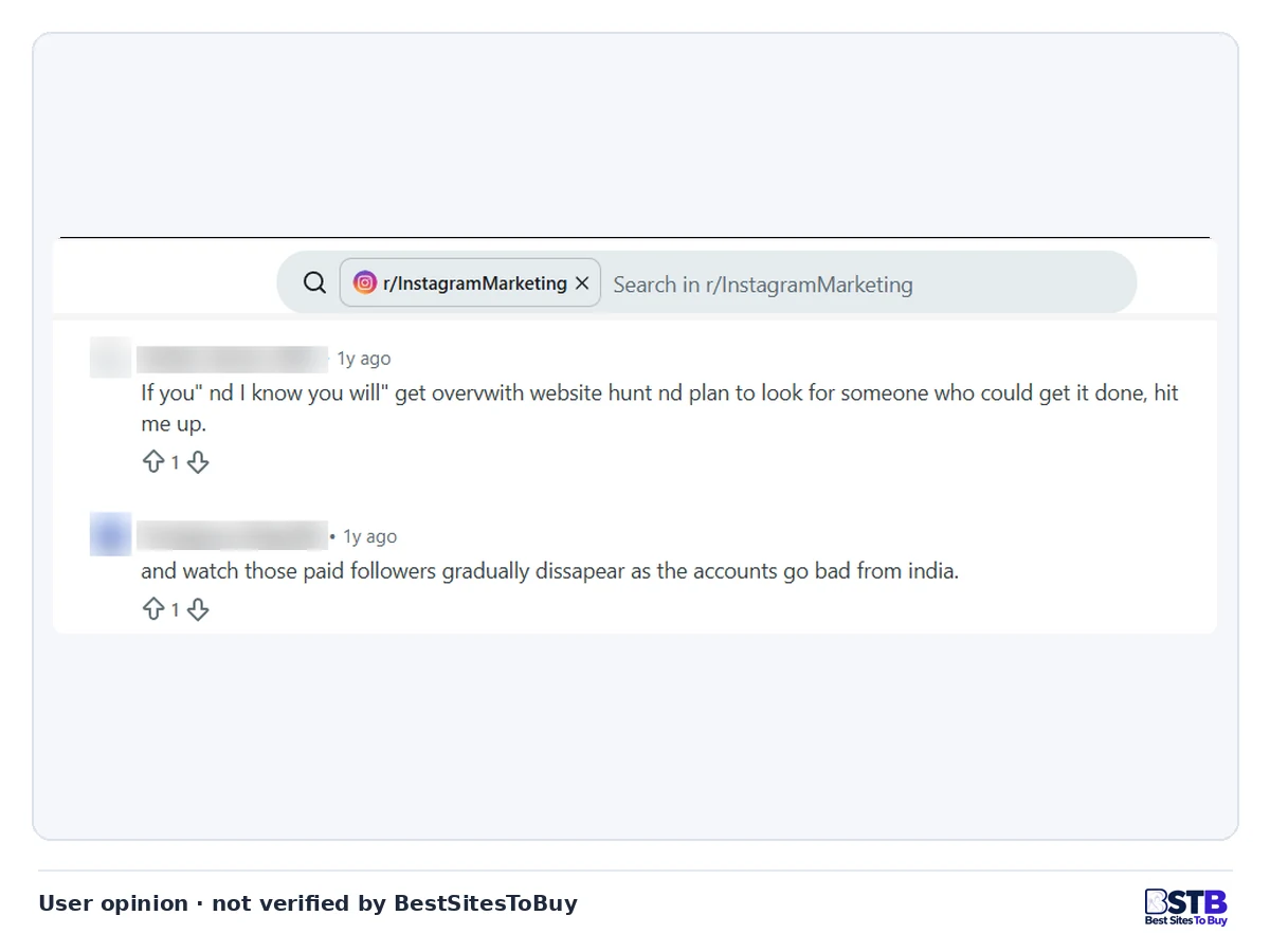 Reddit r/InstagramMarketing replies: one offers to get growth done for you, another says paid followers gradually disappear