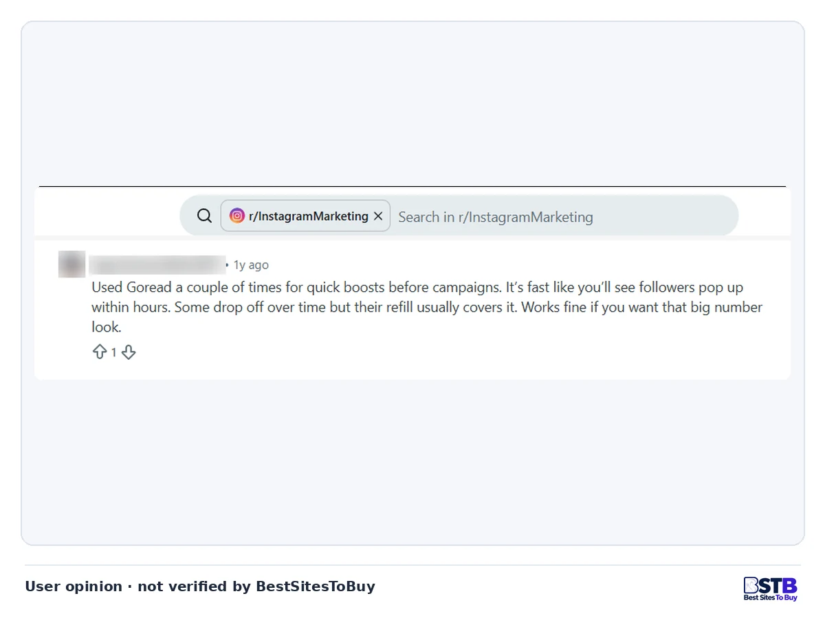 Reddit r/InstagramMarketing comment saying Goread followers arrive within hours and its refill usually covers drops