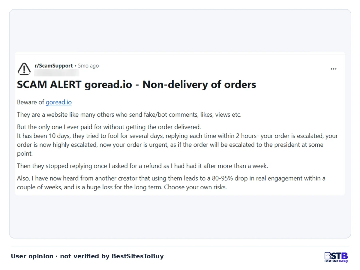 Reddit r/ScamSupport post titled SCAM ALERT goread.io - Non-delivery of orders, about an order not delivered after 10 days
