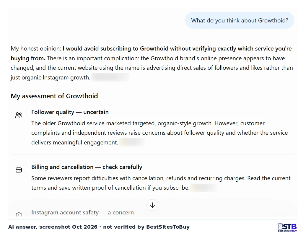 ChatGPT answer advising not to subscribe to Growthoid without verifying which service you are buying from