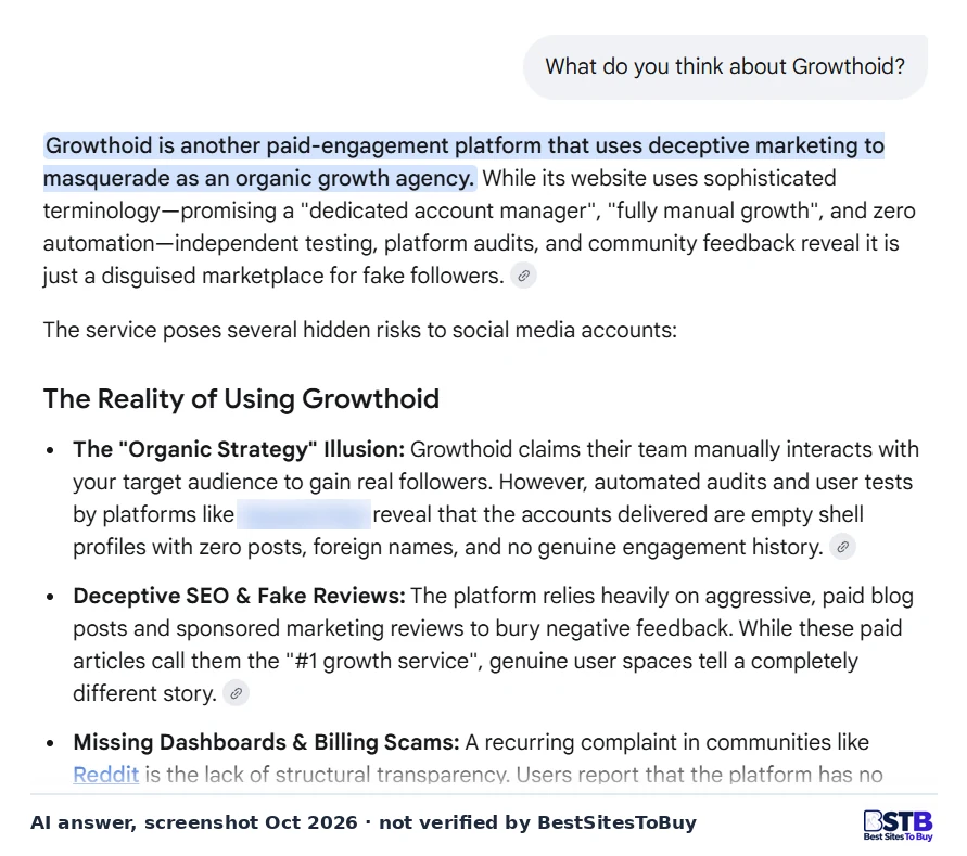 Google AI answer calling Growthoid a paid-engagement platform marketed as an organic growth agency