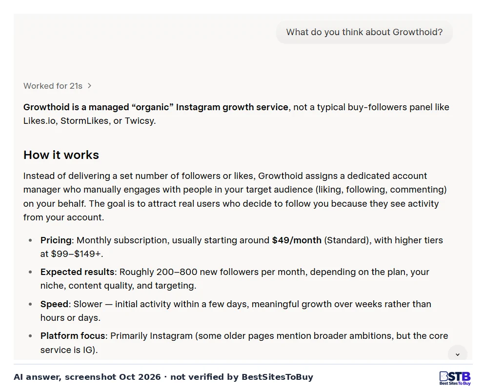 Grok answer describing Growthoid as a managed organic Instagram growth service from about $49 a month