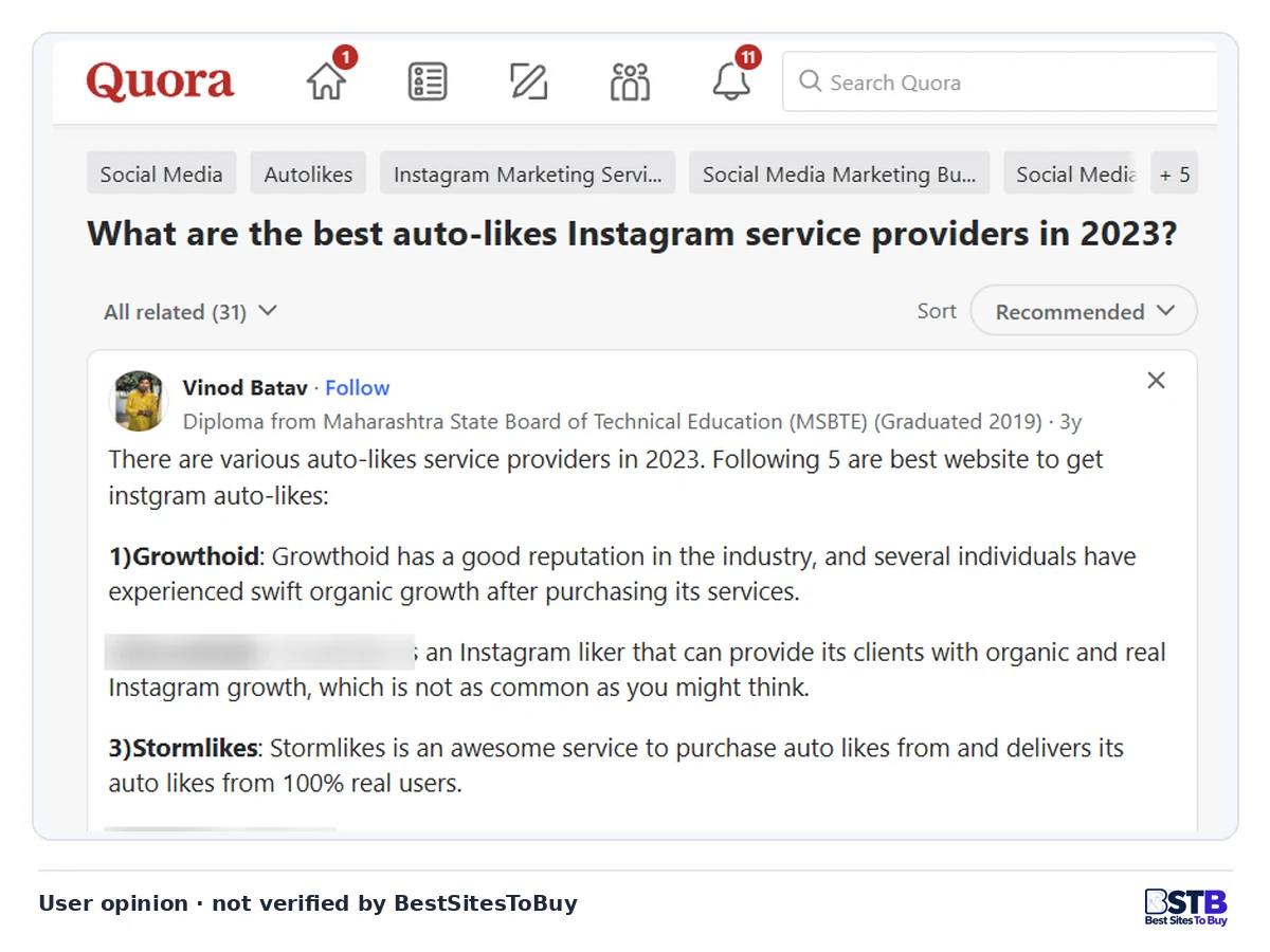 Quora answer listing Growthoid first among Instagram auto-likes providers in 2023, with other sellers blurred