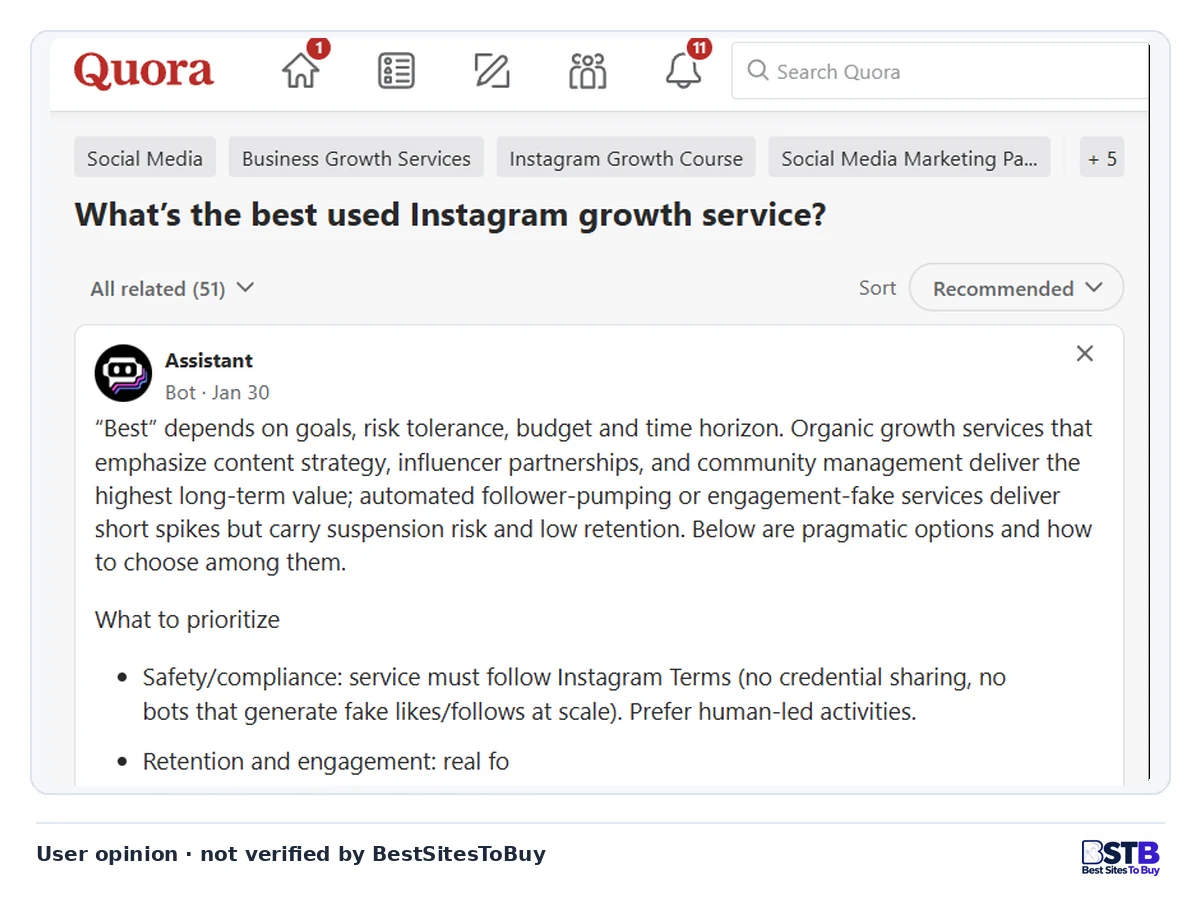 Quora assistant answer advising buyers to prefer human-led growth services and never share Instagram credentials