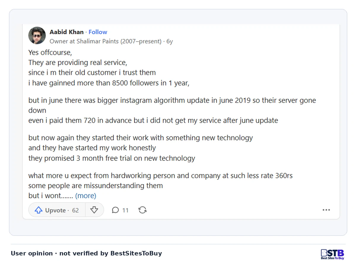 Quora answer from a long-time customer who gained about 8,500 followers but says service stopped after paying in advance