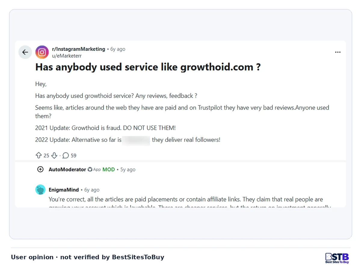 Reddit post asking about growthoid.com, later updated by the poster to say Growthoid is fraud and not to use it