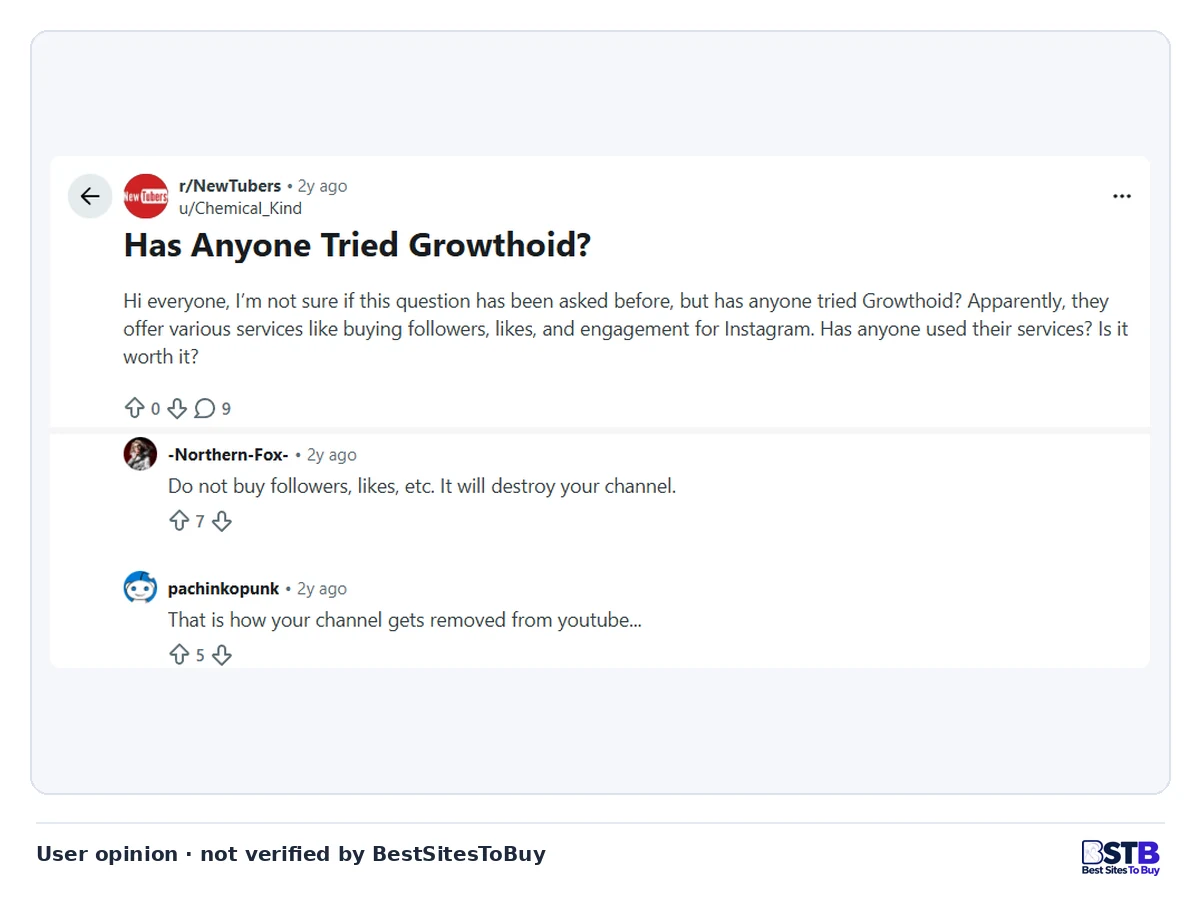 Reddit r/NewTubers post asking if Growthoid is worth it, with replies warning that buying engagement can destroy a channel