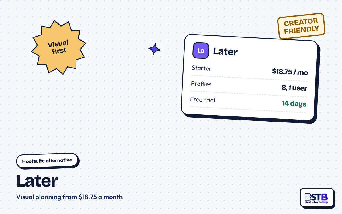 Hootsuite alternative Later: Starter $18.75 a month billed yearly, 8 profiles and 1 user, 14-day trial