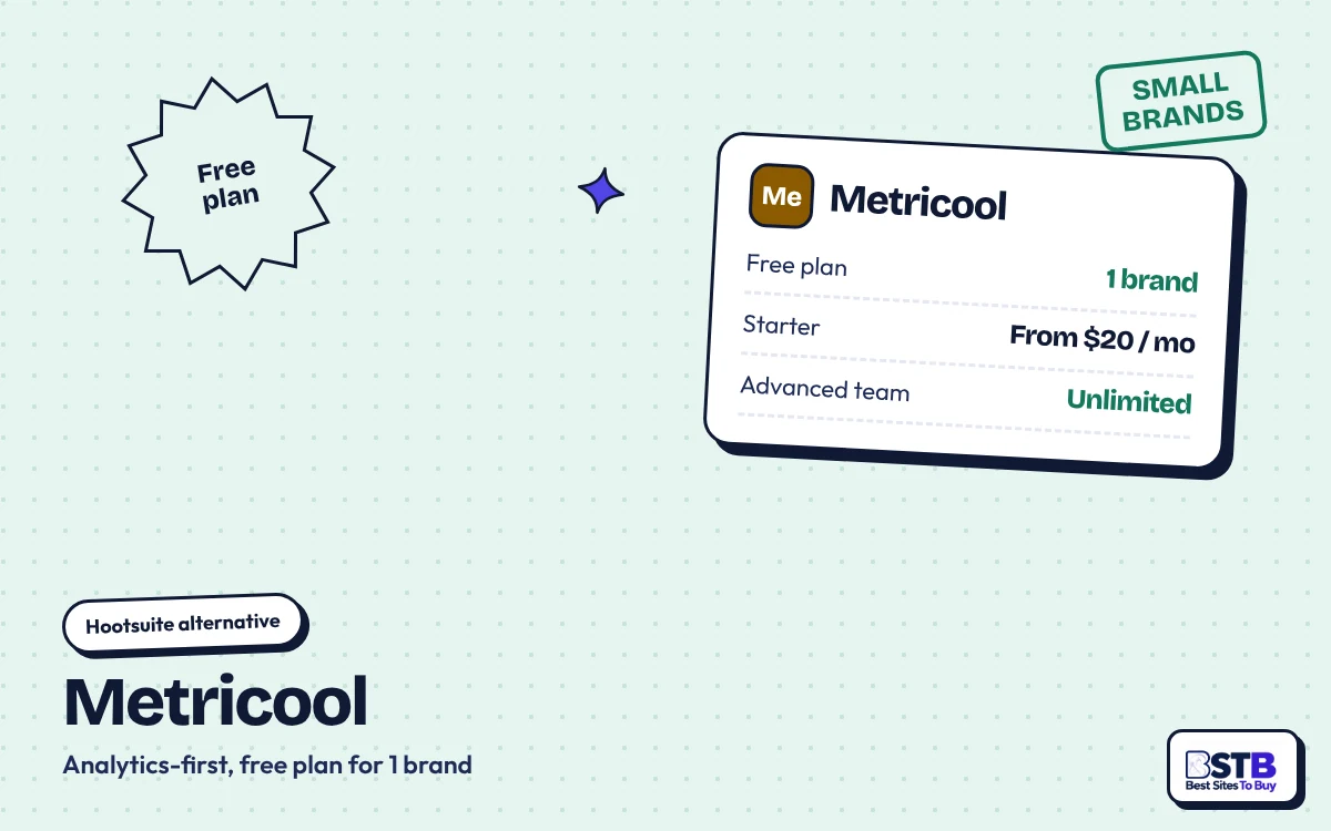 Hootsuite alternative Metricool: free plan for 1 brand, Starter from $20 a month, unlimited Advanced team