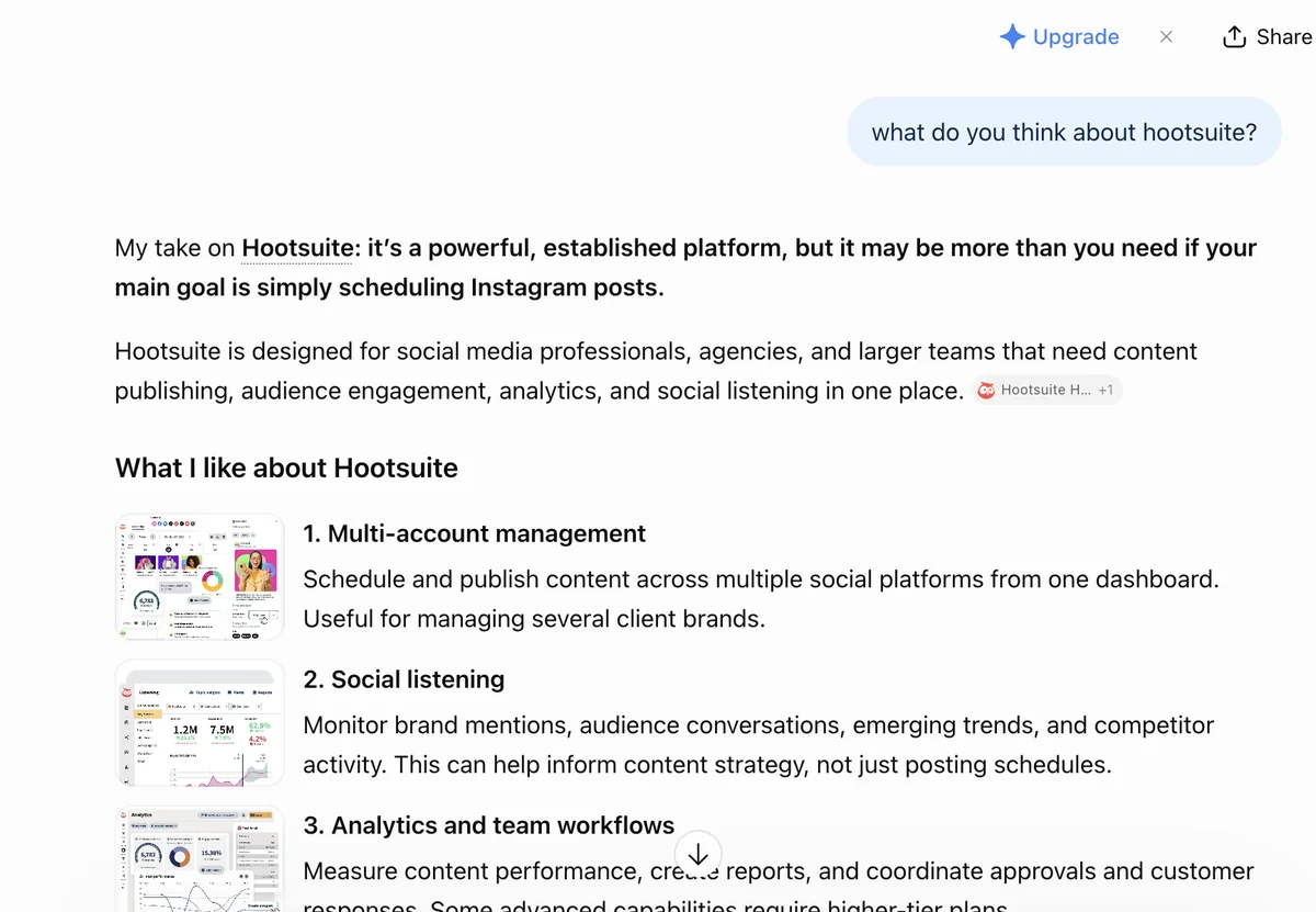 ChatGPT answer on Hootsuite: powerful and established, but maybe more than you need for Instagram scheduling