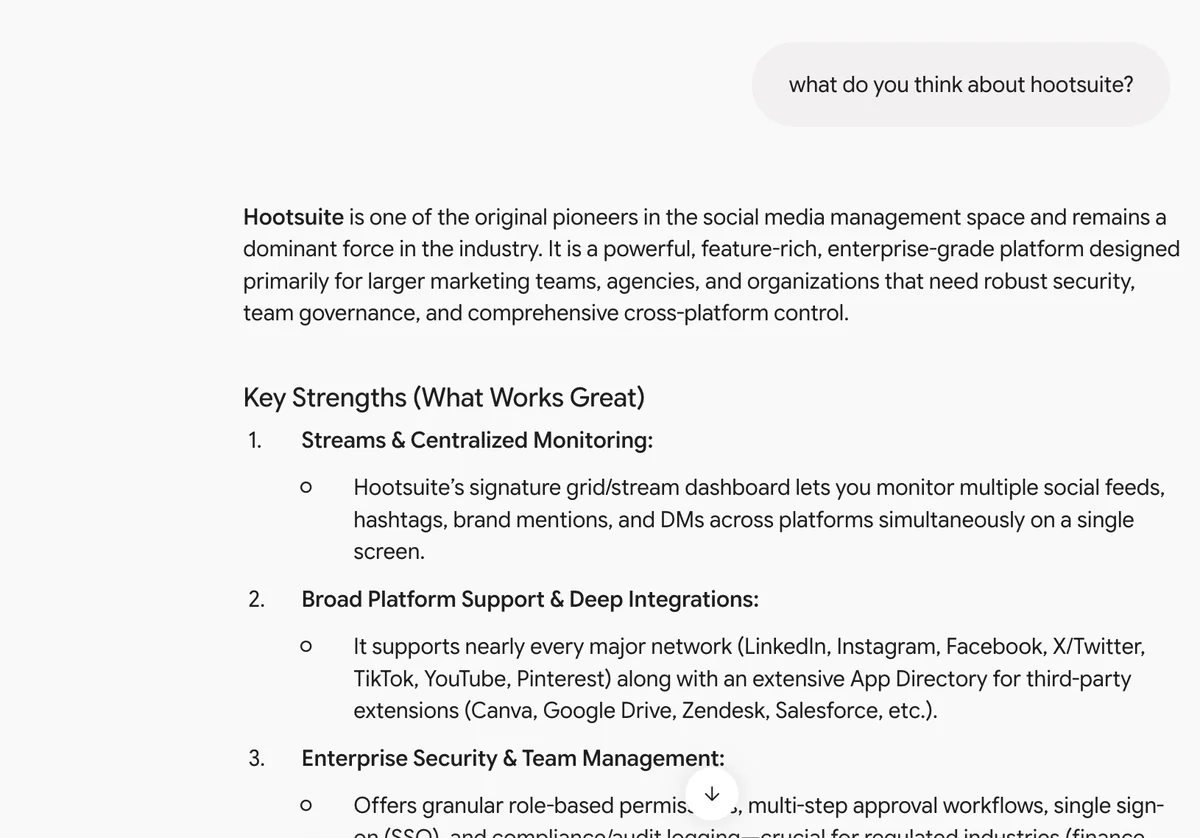 Gemini answer on Hootsuite: an original pioneer and enterprise-grade platform for larger marketing teams