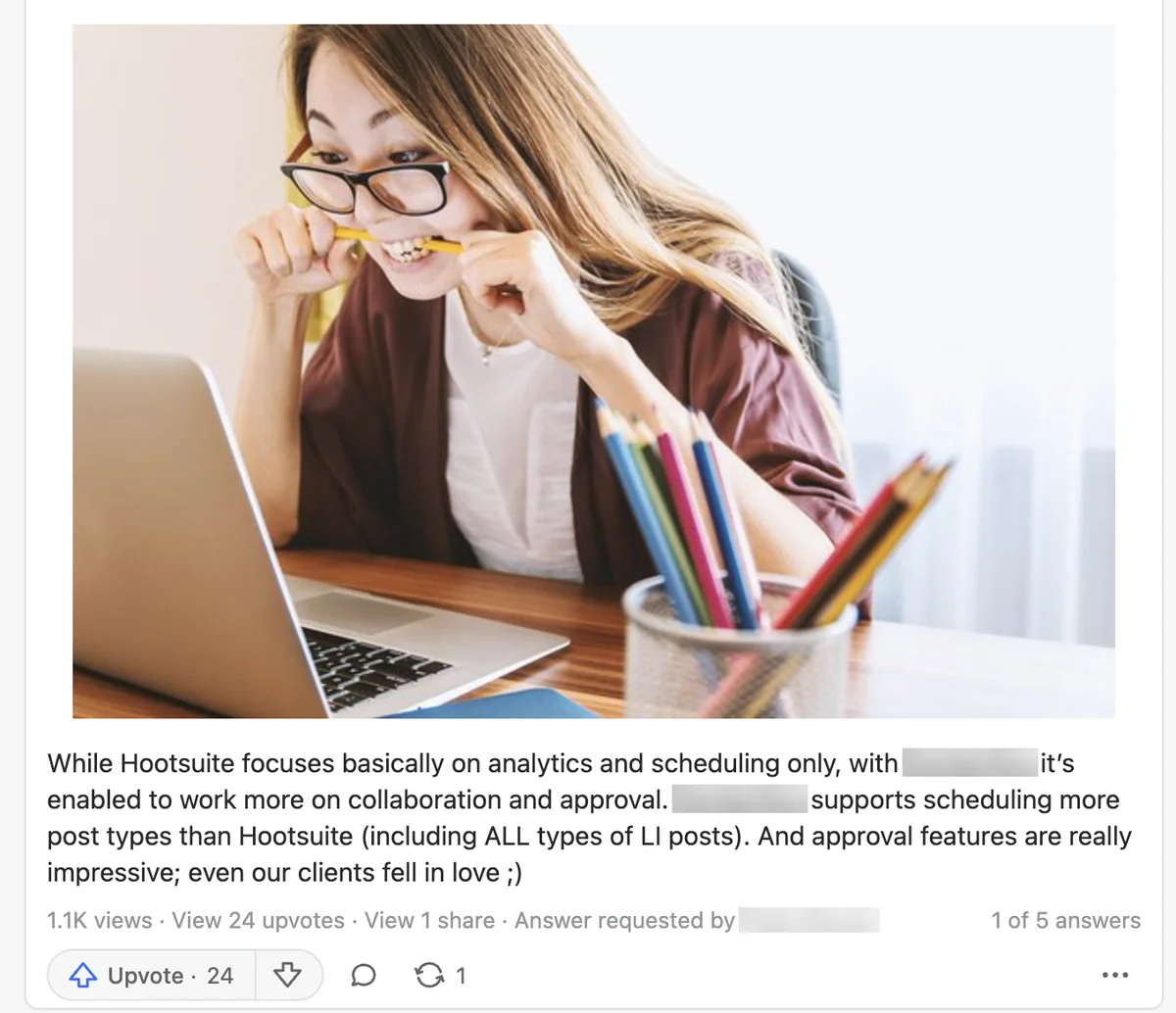 Quora answer promoting another tool over Hootsuite for approvals and LinkedIn post types, tool name blurred
