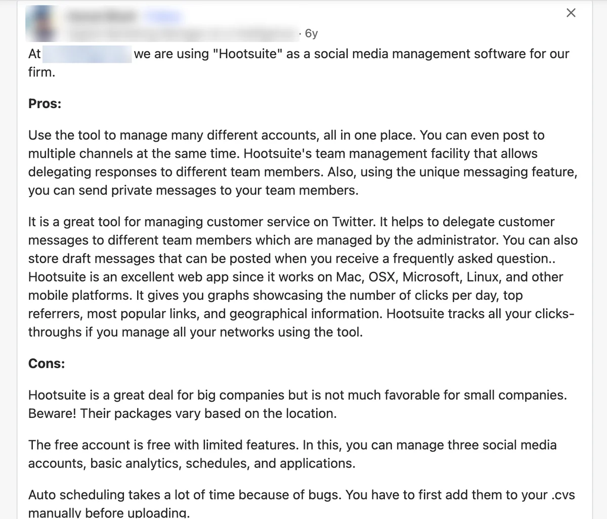 Quora answer listing Hootsuite pros and cons: multi-account posting and team delegation, less suited to small firms