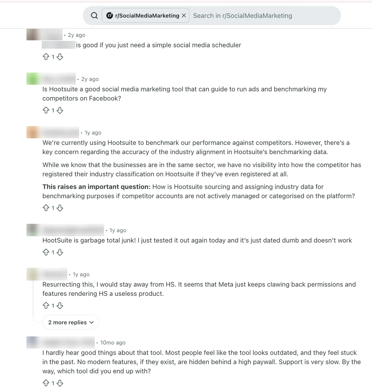 Reddit replies on Hootsuite benchmarking data, Meta permission changes and very slow support