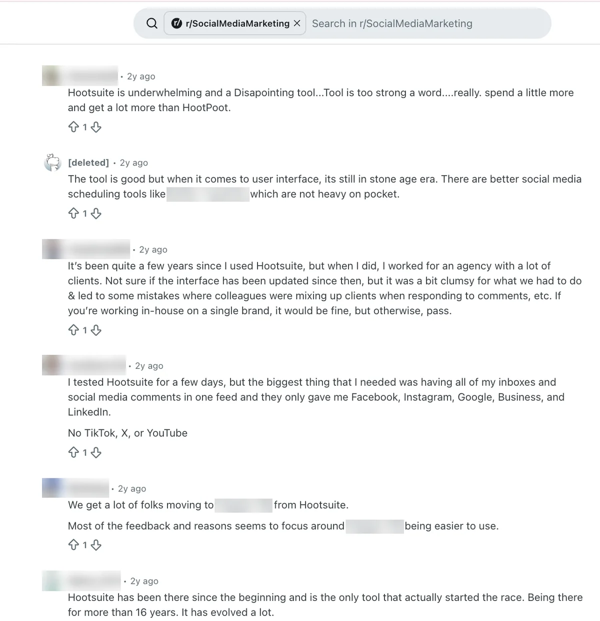 Reddit replies on Hootsuite: dated interface, clumsy for agencies, inbox without TikTok, X or YouTube then