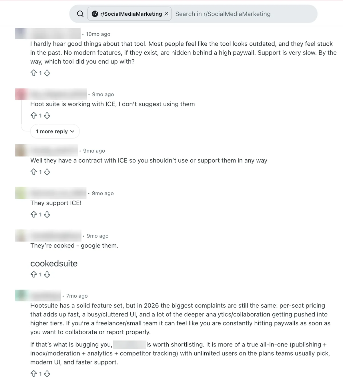 Reddit replies on Hootsuite: objections to ICE work and a 2026 complaint about per-seat pricing and paywalls