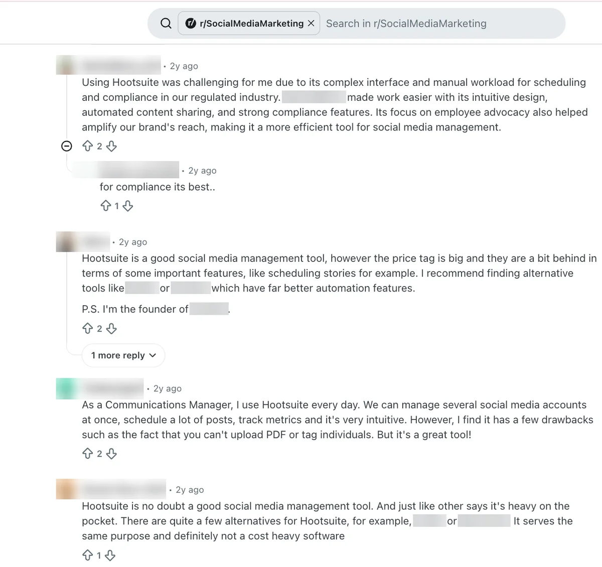 Reddit replies on Hootsuite: complex interface for one user, intuitive daily tool for a communications manager