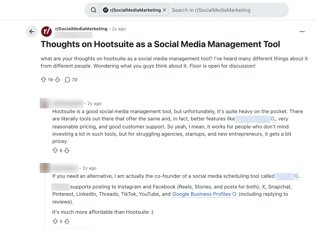 Reddit r/SocialMediaMarketing thread asking for thoughts on Hootsuite, with replies calling it good but pricey