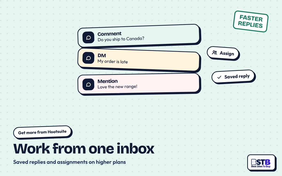 Get more from Hootsuite: comments, DMs and mentions in one inbox with assign and saved reply chips