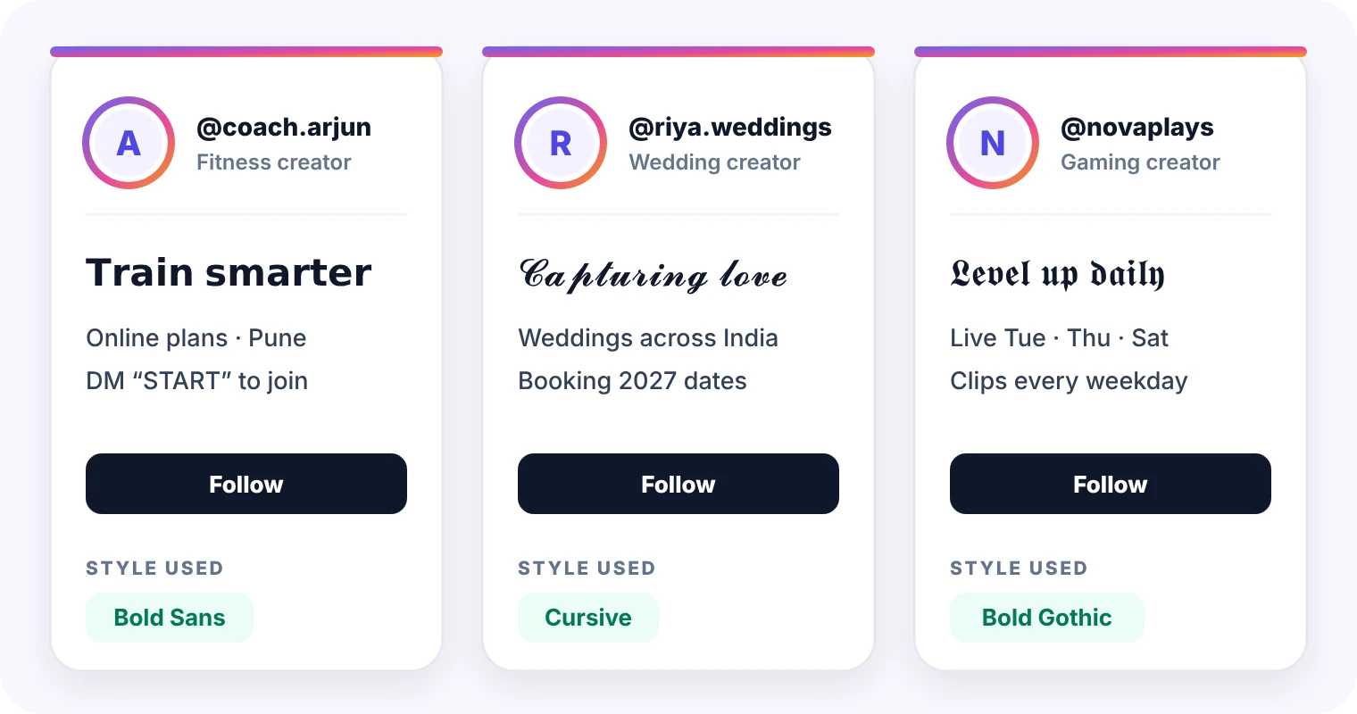 Instagram bio font ideas by niche for a fitness coach, wedding photographer and gaming creator