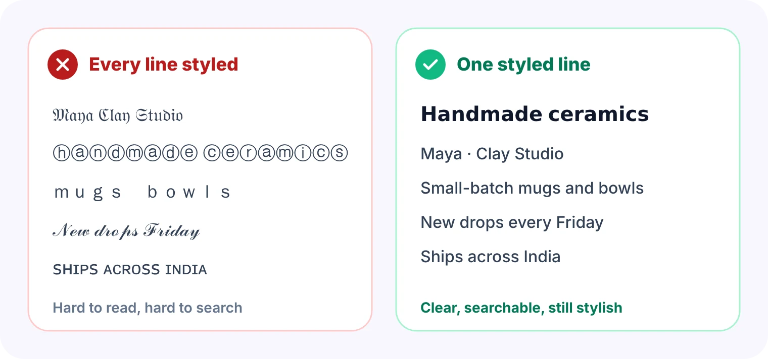 Instagram bio fonts do and don’t: one styled line versus every line in a different font