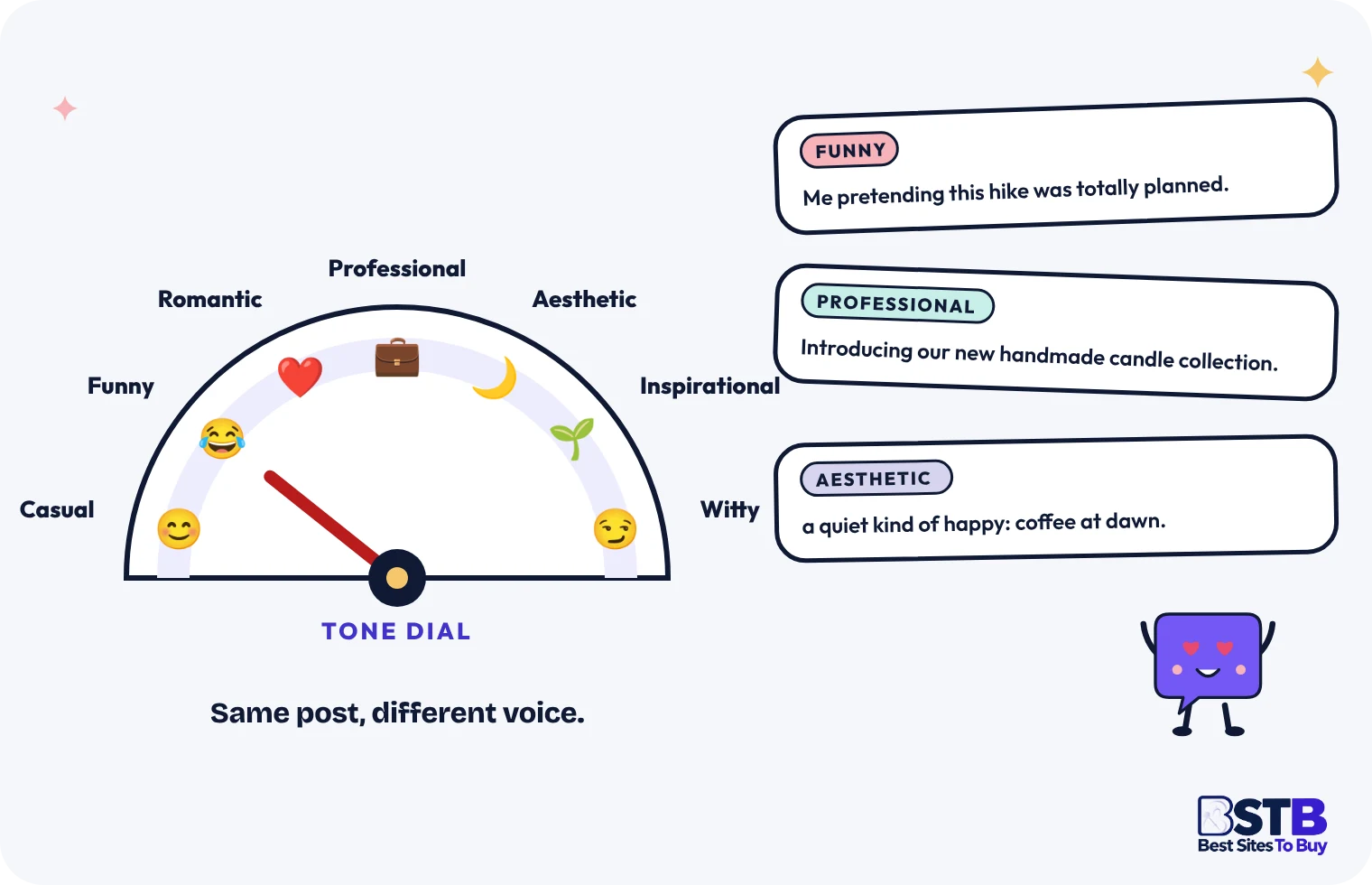 Instagram Caption Tones Dial Instagram caption tone dial with funny, inspirational, professional, romantic and aesthetic caption samples