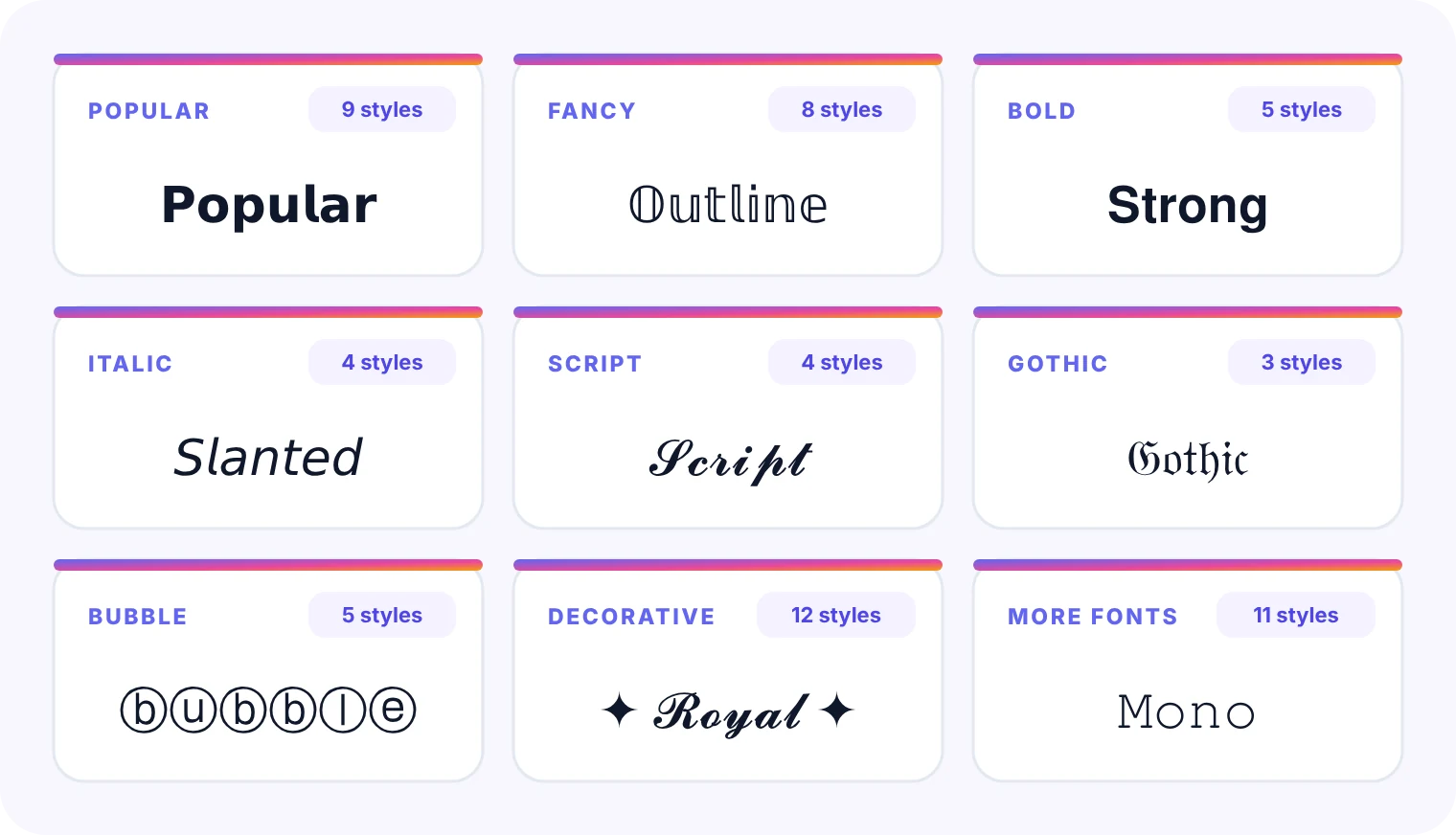 Instagram font categories overview with sample text for popular, fancy, bold, italic, script and gothic styles
