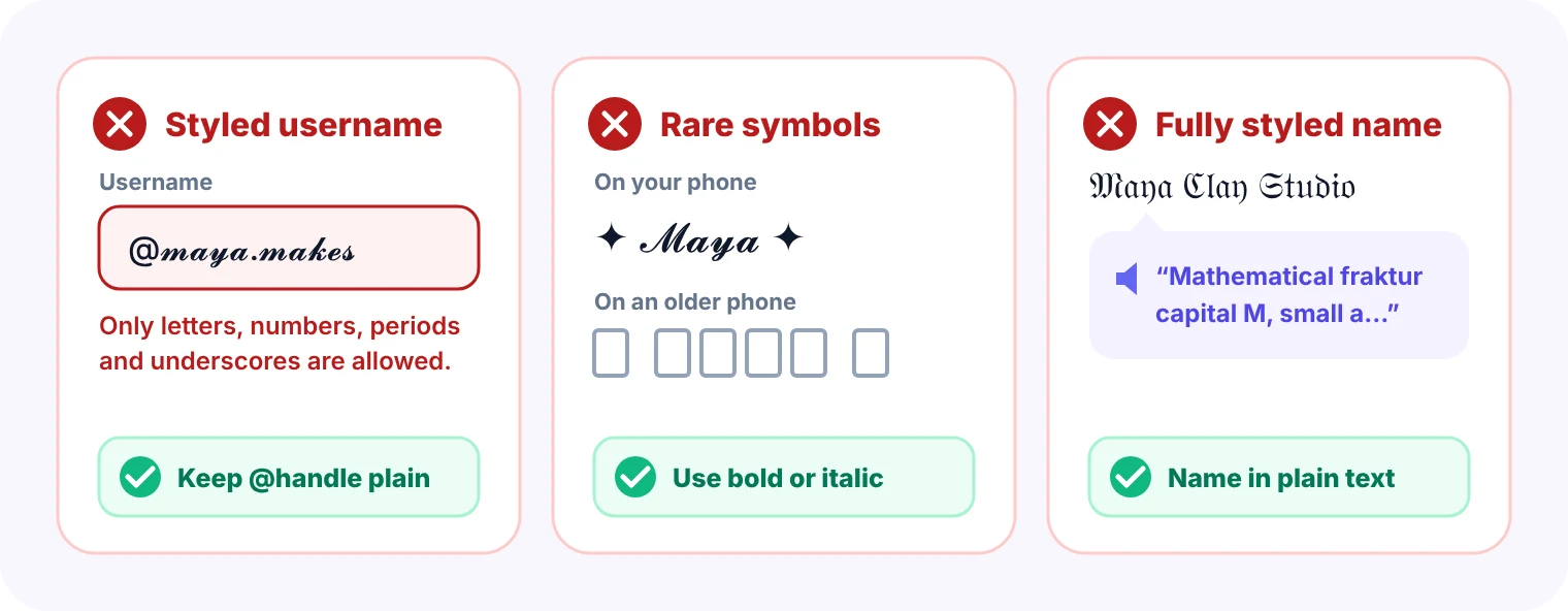 Common Instagram font mistakes: styled username, rare symbols showing as boxes and a fully styled name