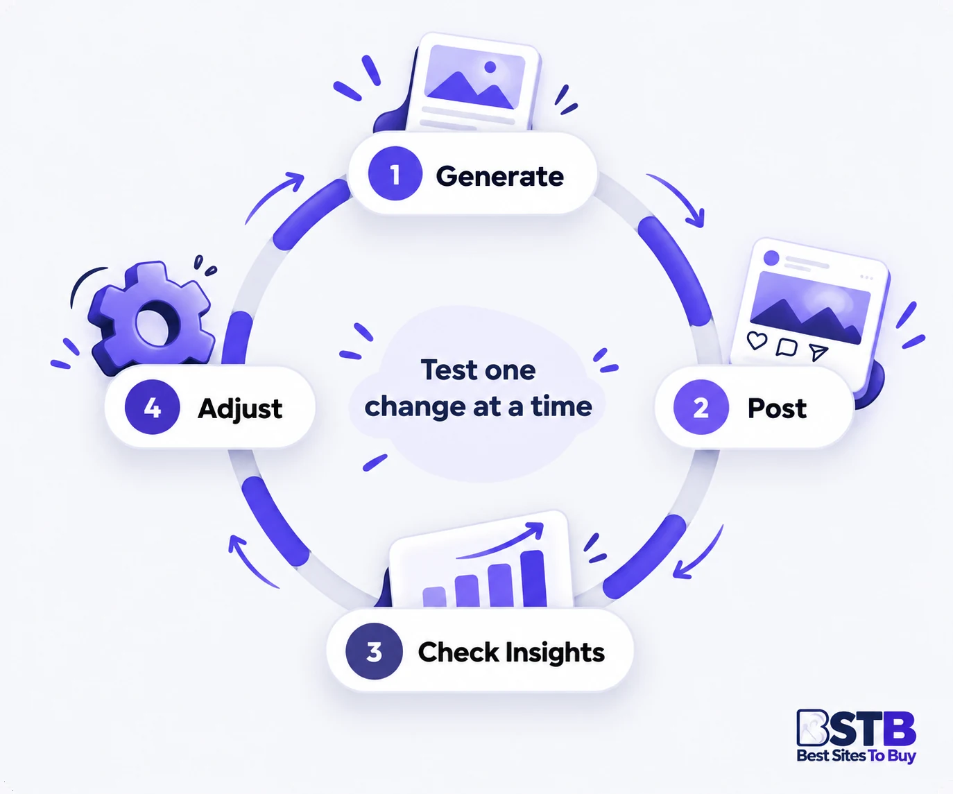 Instagram hashtag testing cycle: generate, post, check Insights and adjust one change at a time