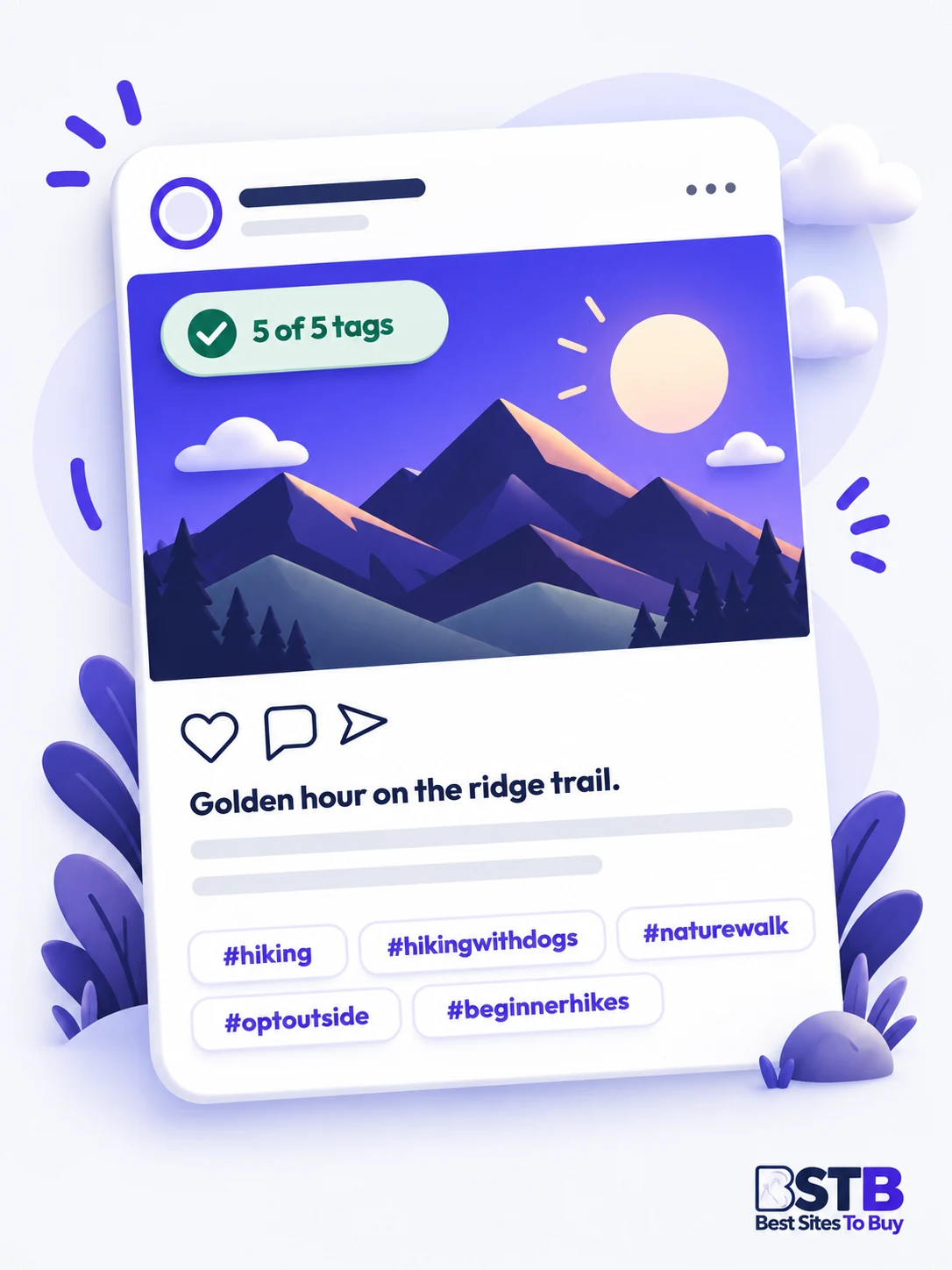 Instagram post example with a short caption and five hashtags marked 5 of 5 tags