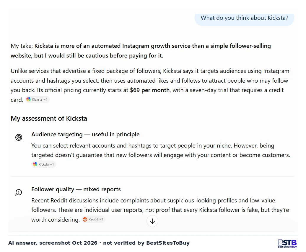 ChatGPT answer calling Kicksta an automated growth service from $69 a month and advising caution before paying