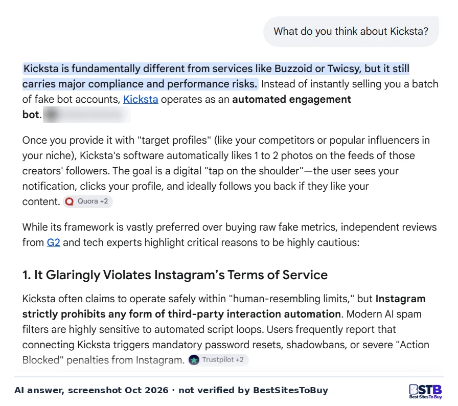 Google AI answer saying Kicksta differs from Buzzoid or Twicsy but carries major compliance and performance risks