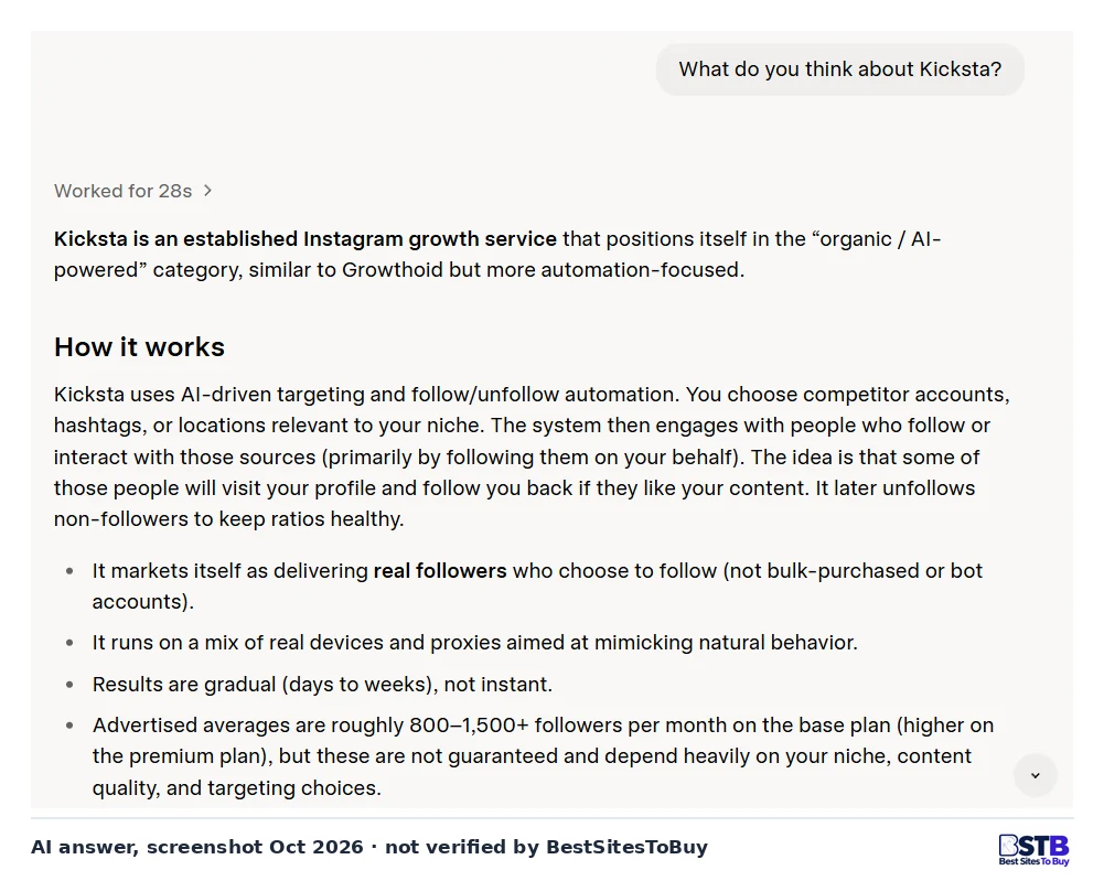 Grok answer describing Kicksta's follow and unfollow automation on real devices and proxies, compared with Growthoid