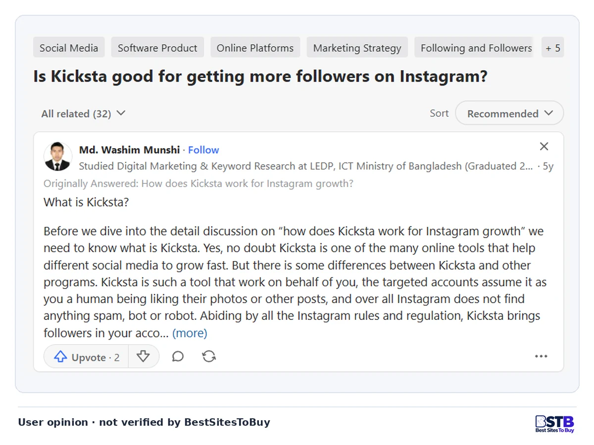 Five-year-old Quora answer claiming Kicksta follows all Instagram rules and is never detected as spam