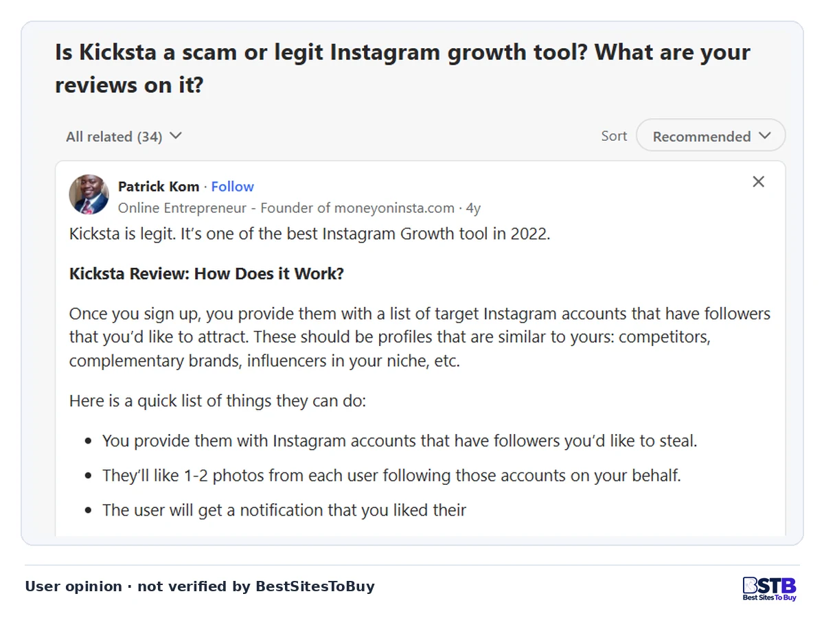 Quora answer from 2022 calling Kicksta legit and describing its older method of liking photos of target accounts' followers