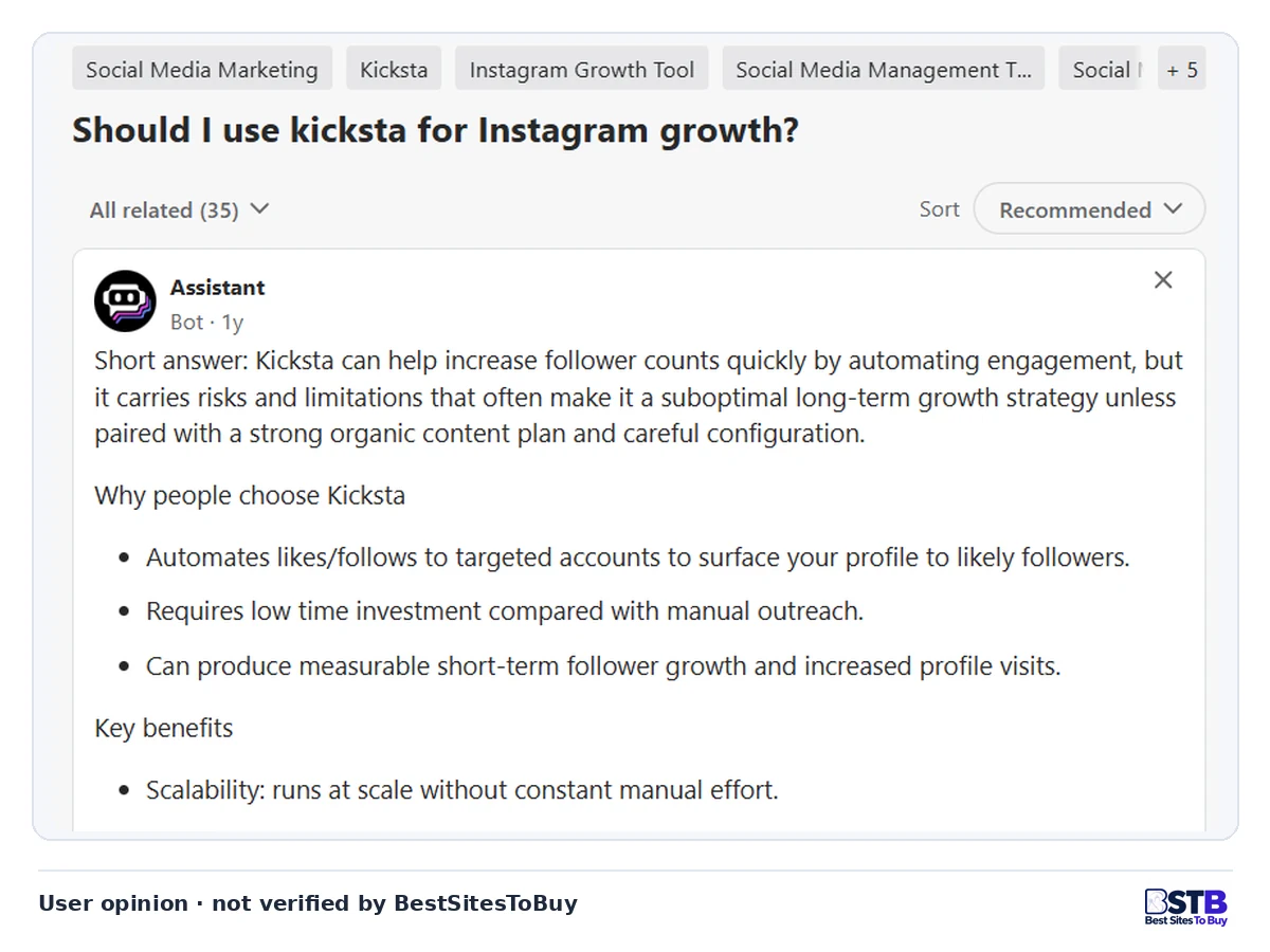 Quora assistant answer: Kicksta can raise followers fast but is weak long term without good content