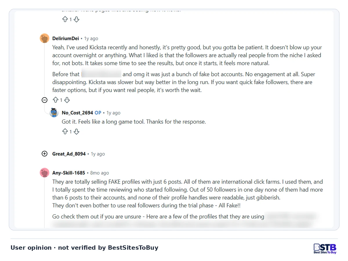 Reddit replies about Kicksta: one user found real niche followers, two others saw new profiles with six posts in the trial
