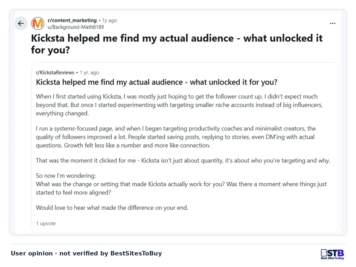 Reddit post from r/KickstaReviews saying small niche targets brought followers who saved posts and sent DMs