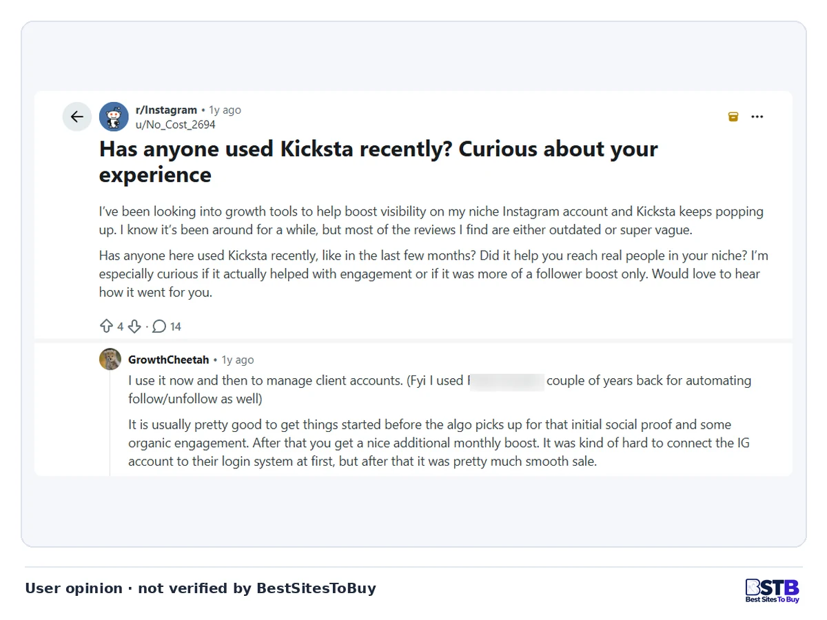 Reddit r/Instagram post asking about recent Kicksta results, with an agency user calling it a useful starting boost