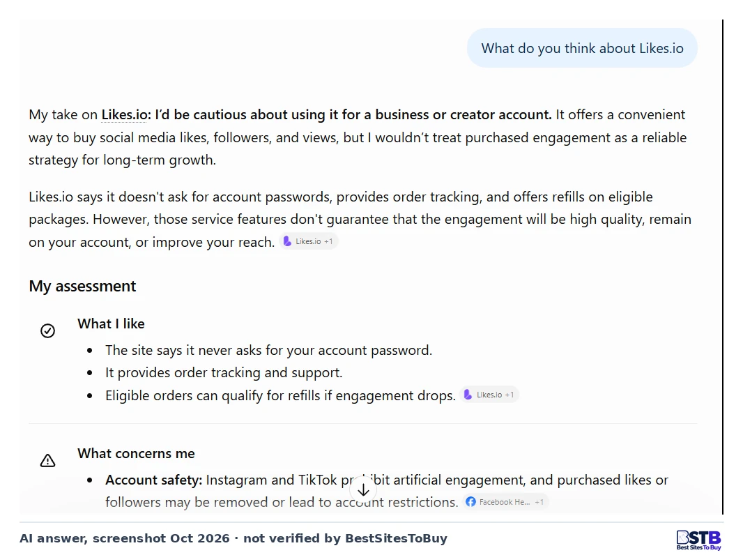 ChatGPT answer saying it would be cautious about using Likes.io for a business or creator account