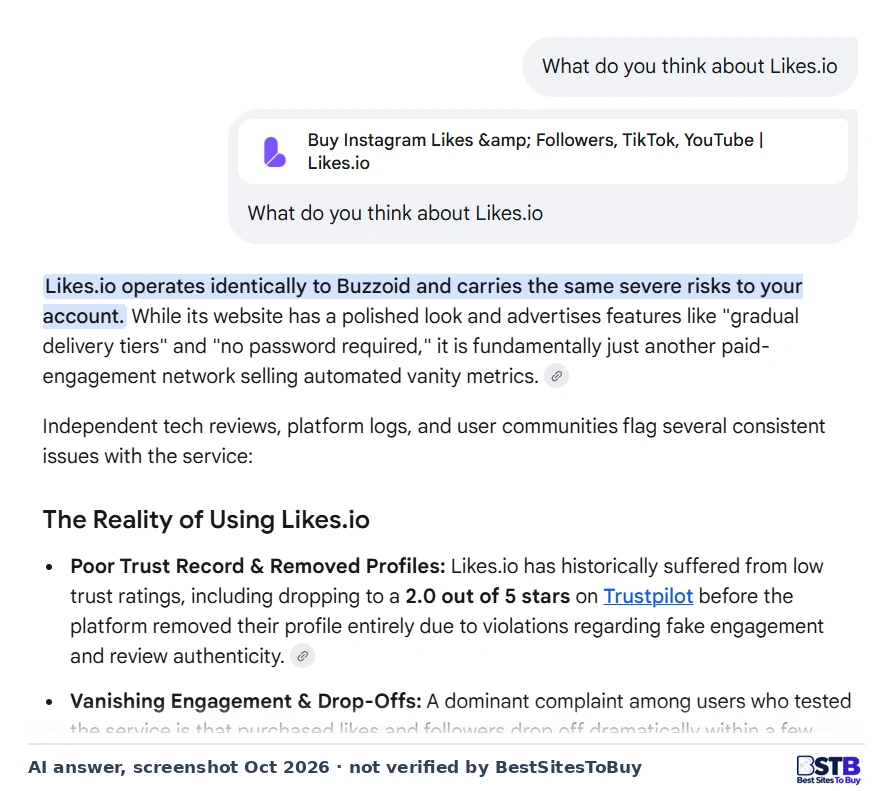 Google AI answer saying Likes.io operates like Buzzoid and carries the same severe risks to your account