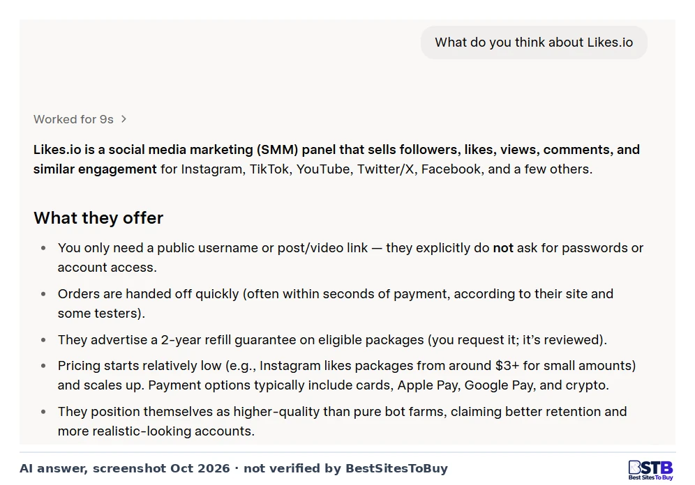 Grok answer describing Likes.io as an SMM panel with a no-password checkout and a 2-year refill on eligible packages